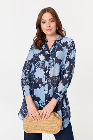 Navy | Floral Longline Long Sleeve Shirt
