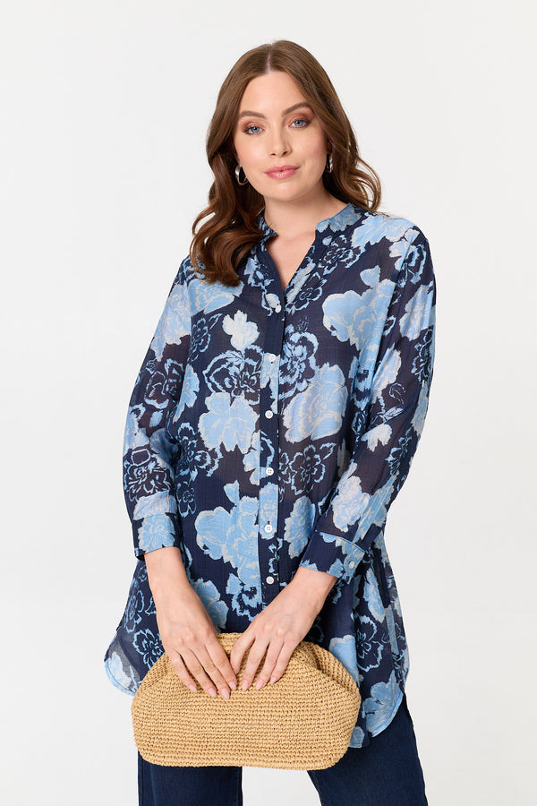 Navy | Floral Longline Long Sleeve Shirt
