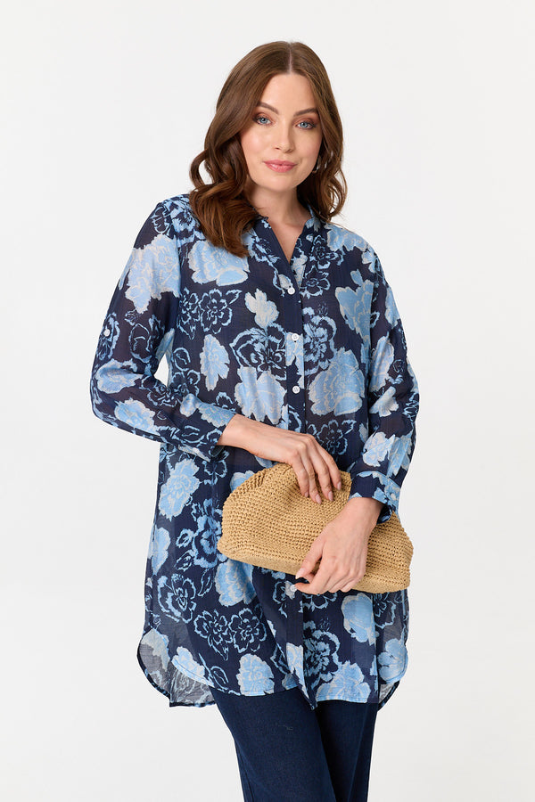 Navy | Floral Longline Long Sleeve Shirt
