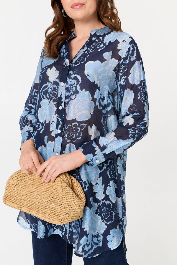 Navy | Floral Longline Long Sleeve Shirt
