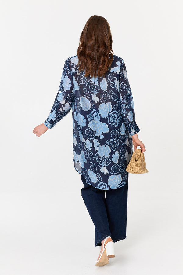 Navy | Floral Longline Long Sleeve Shirt
