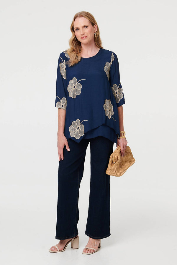 Navy | Embroidered Texture Layered Blouse
