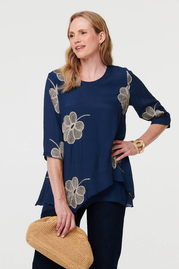 Navy | Embroidered Texture Layered Blouse