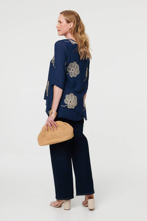 Navy | Embroidered Texture Layered Blouse