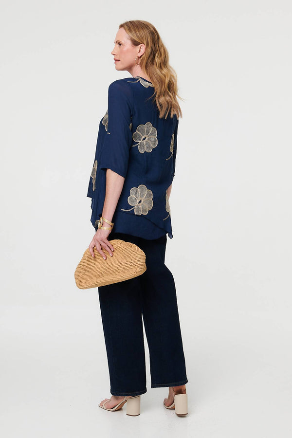 Navy | Embroidered Texture Layered Blouse