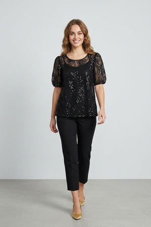 Black | Floral Sequin Mesh 1/2 Puff Sleeve Top