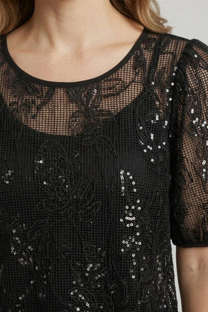 Black | Floral Sequin Mesh 1/2 Puff Sleeve Top