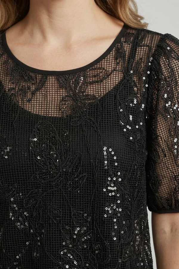 Black | Floral Sequin Mesh 1/2 Puff Sleeve Top