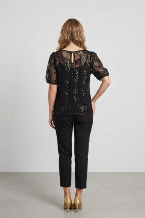 Black | Floral Sequin Mesh 1/2 Puff Sleeve Top