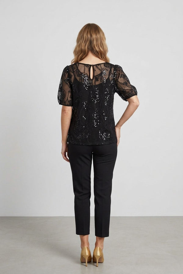 Black | Floral Sequin Mesh 1/2 Puff Sleeve Top