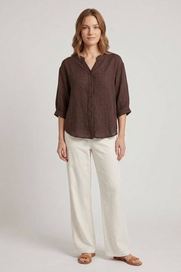 Brown | Relaxed Collarless 3/4 Sleeve Shirt
