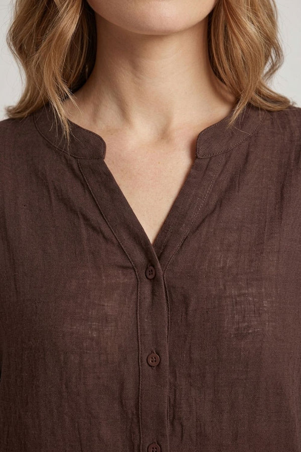 Brown | Relaxed Collarless 3/4 Sleeve Shirt
