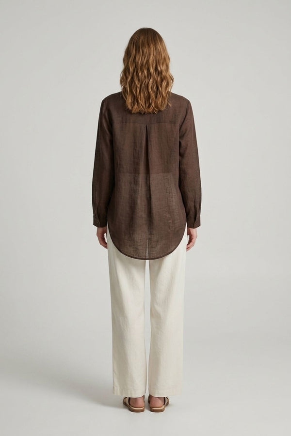 Brown | Relaxed Collarless 3/4 Sleeve Shirt
