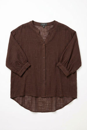 Brown | Relaxed Collarless 3/4 Sleeve Shirt
