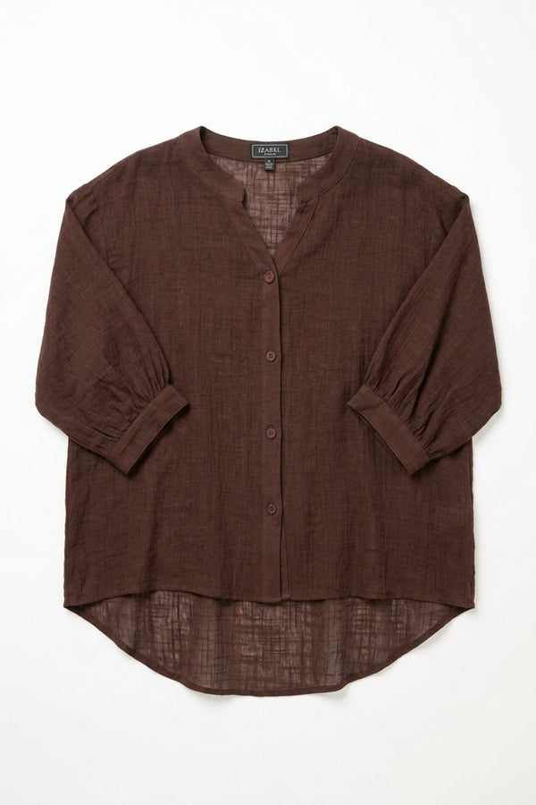 Brown | Relaxed Collarless 3/4 Sleeve Shirt
