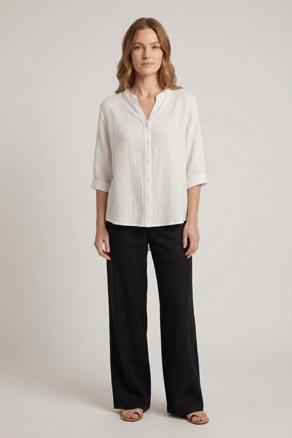 White | Relaxed Collarless 3/4 Sleeve Shirt
