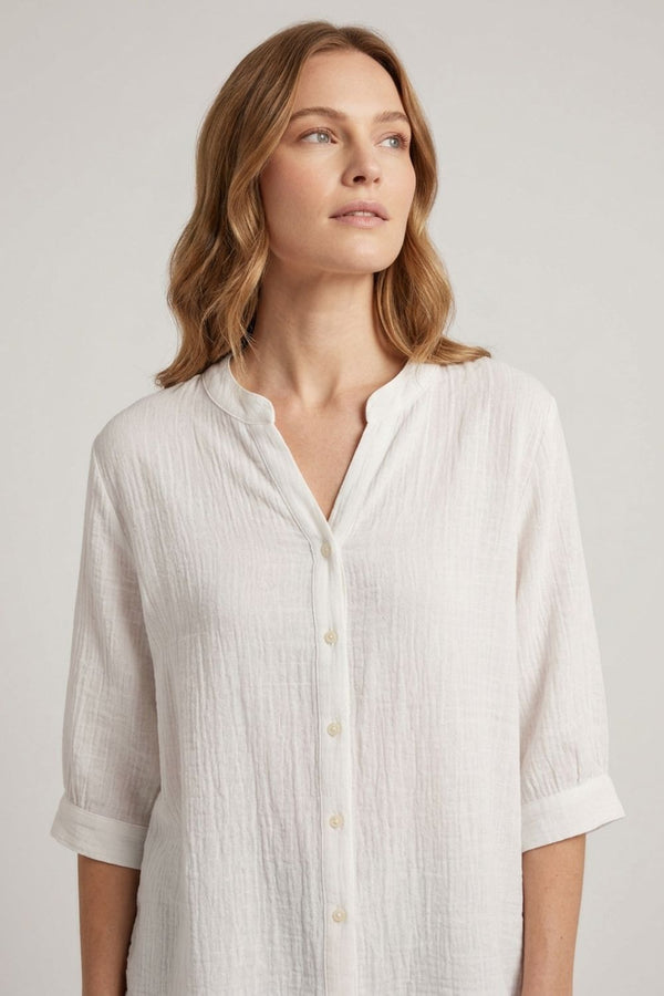 Relaxed Collarless 3/4 Sleeve Shirt