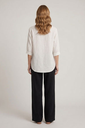 White | Relaxed Collarless 3/4 Sleeve Shirt
