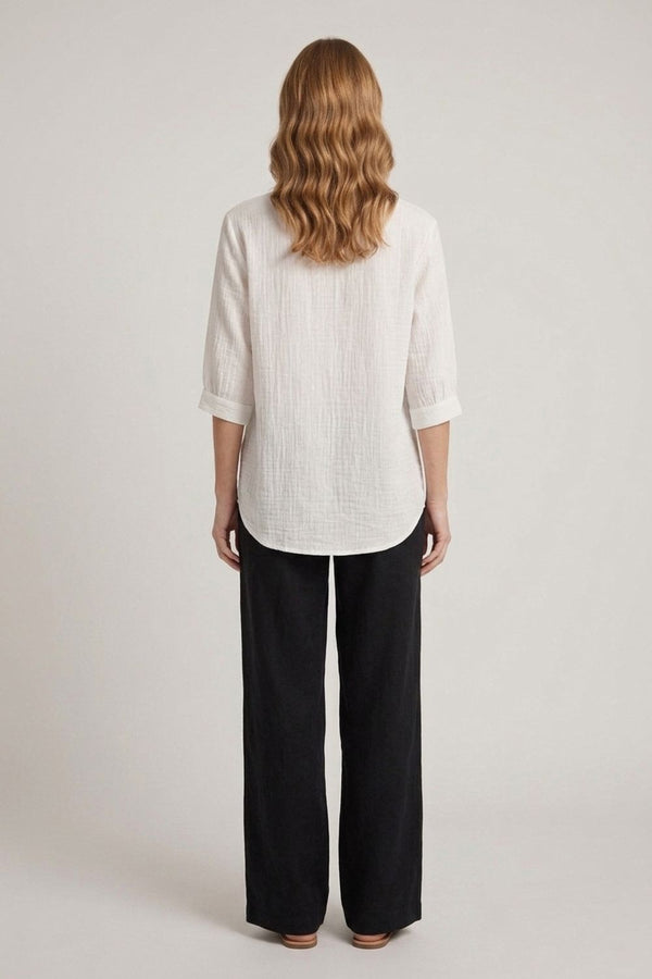 White | Relaxed Collarless 3/4 Sleeve Shirt

