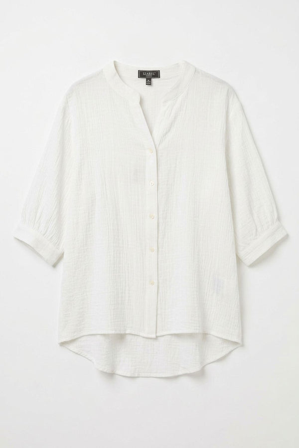 White | Relaxed Collarless 3/4 Sleeve Shirt

