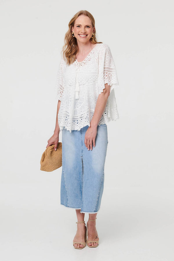 White | Crochet Lace Texture Relaxed Blouse