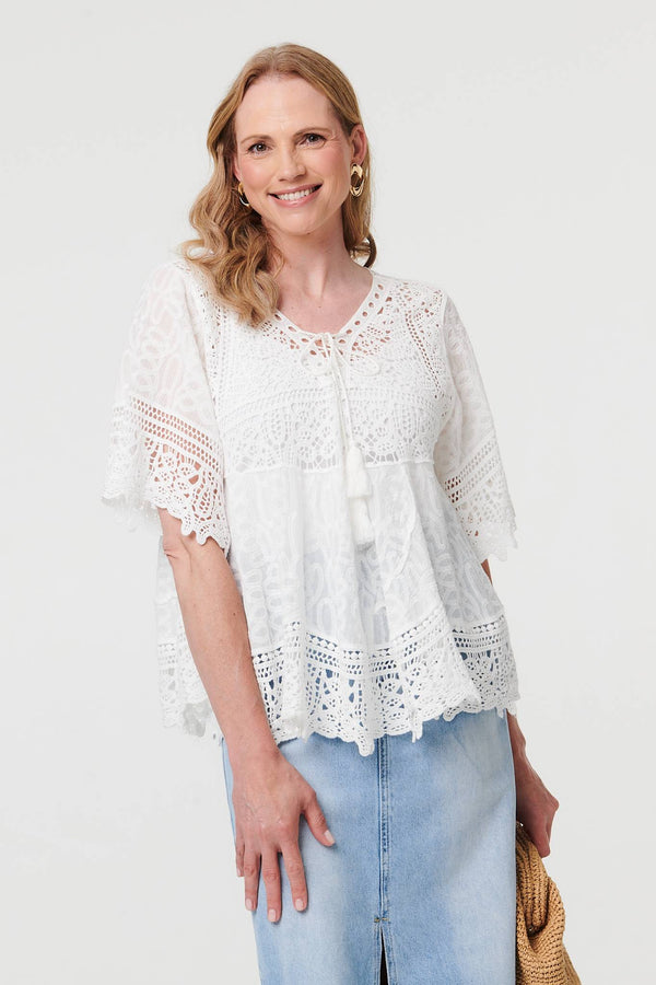 White | Crochet Lace Texture Relaxed Blouse