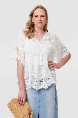 White | Crochet Lace Texture Relaxed Blouse