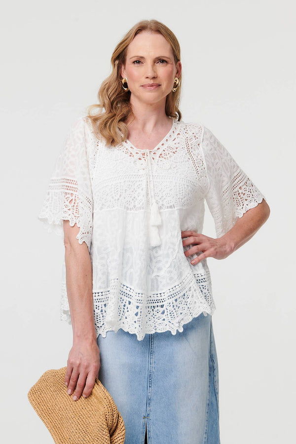 White | Crochet Lace Texture Relaxed Blouse