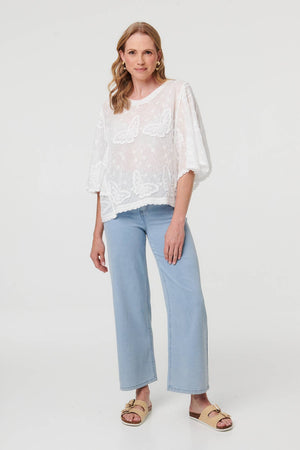 White | Butterfly Textured Lace Trim Blouse