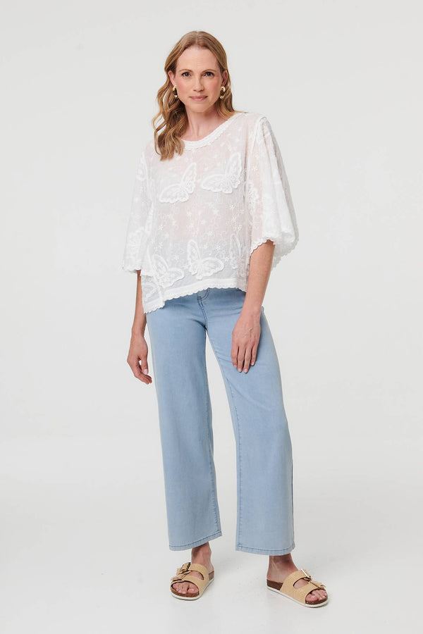 White | Butterfly Textured Lace Trim Blouse
