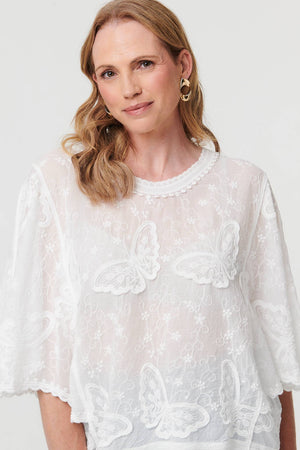 White | Butterfly Textured Lace Trim Blouse