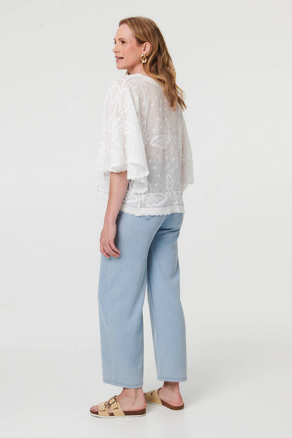 White | Butterfly Textured Lace Trim Blouse
