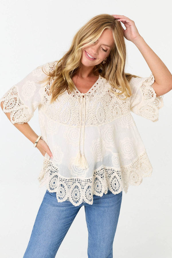 Ivory | Crochet Texture Tassel Front Boho Blouse