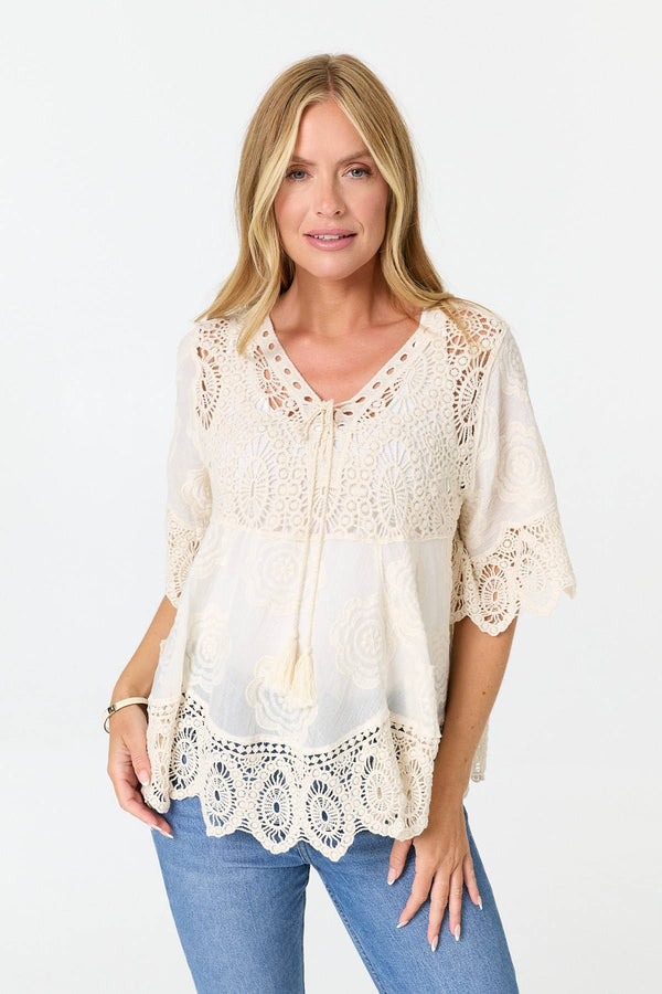 Ivory | Crochet Texture Tassel Front Boho Blouse