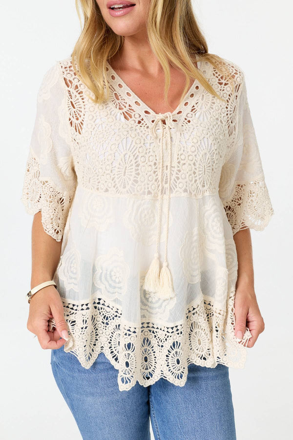 Ivory | Crochet Texture Tassel Front Boho Blouse
