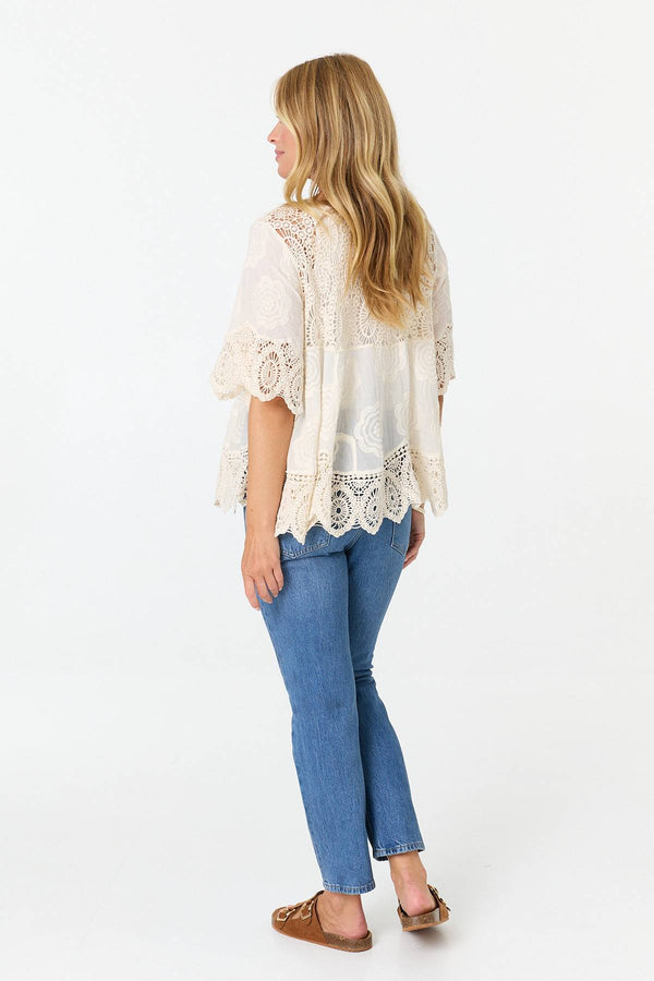 Ivory | Crochet Texture Tassel Front Boho Blouse