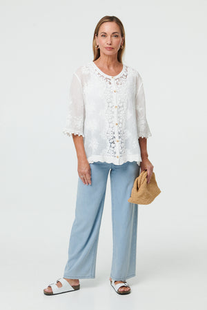 White | Lace Sheer Texture 3/4 Sleeve Blouse