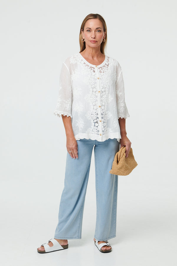 White | Lace Sheer Texture 3/4 Sleeve Blouse