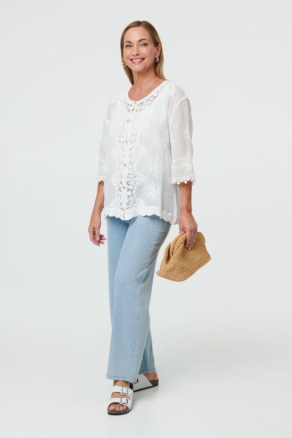 White | Lace Sheer Texture 3/4 Sleeve Blouse
