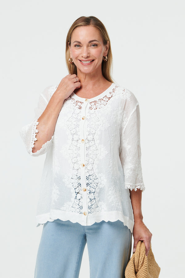 White | Lace Sheer Texture 3/4 Sleeve Blouse