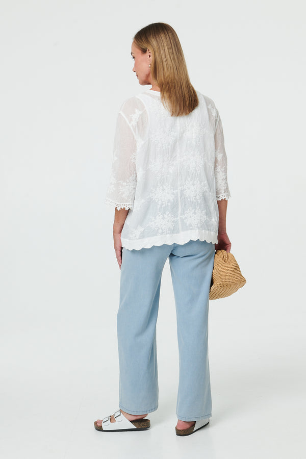 White | Lace Sheer Texture 3/4 Sleeve Blouse