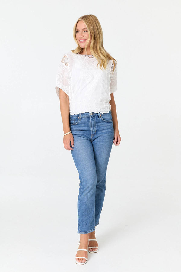White | Embroidered Crochet Texture Blouse