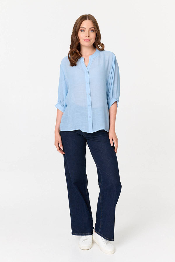 Blue | Relaxed 3/4 Sleeve Collarless Shirt