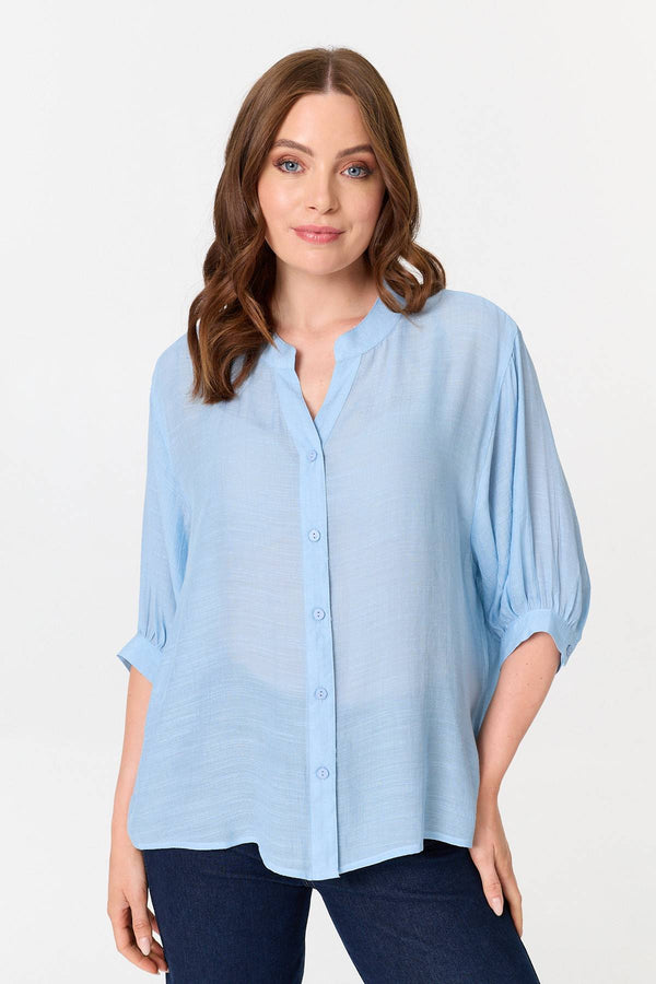 Blue | Relaxed 3/4 Sleeve Collarless Shirt