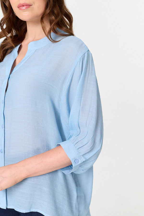Blue | Relaxed 3/4 Sleeve Collarless Shirt