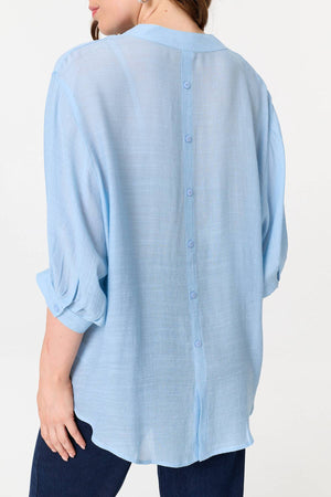 Blue | Relaxed 3/4 Sleeve Collarless Shirt