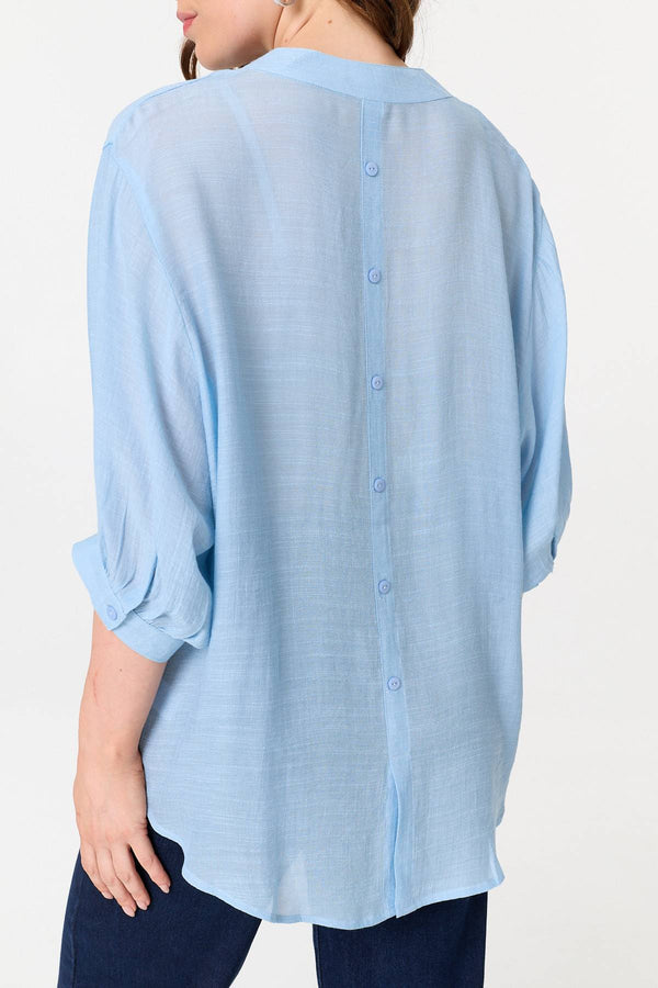 Blue | Relaxed 3/4 Sleeve Collarless Shirt