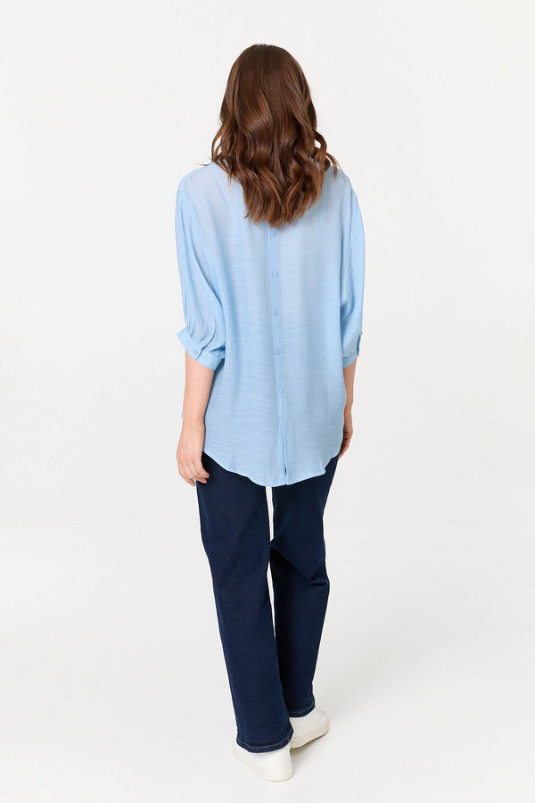 Blue | Relaxed 3/4 Sleeve Collarless Shirt