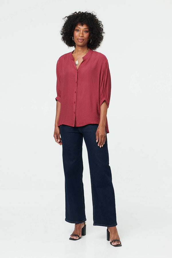 Burgundy | Relaxed 3/4 Sleeve Collarless Shirt