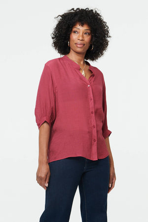 Burgundy | Relaxed 3/4 Sleeve Collarless Shirt : Model is 5'9